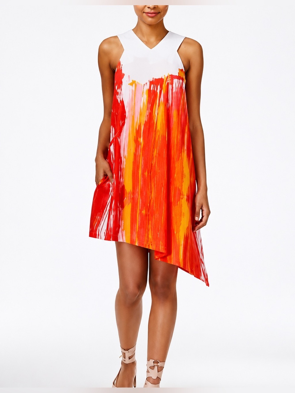 Rachel Roy Womens Abstract Print V Neck Sleeveless Asymmetrical Hem Dress Size S